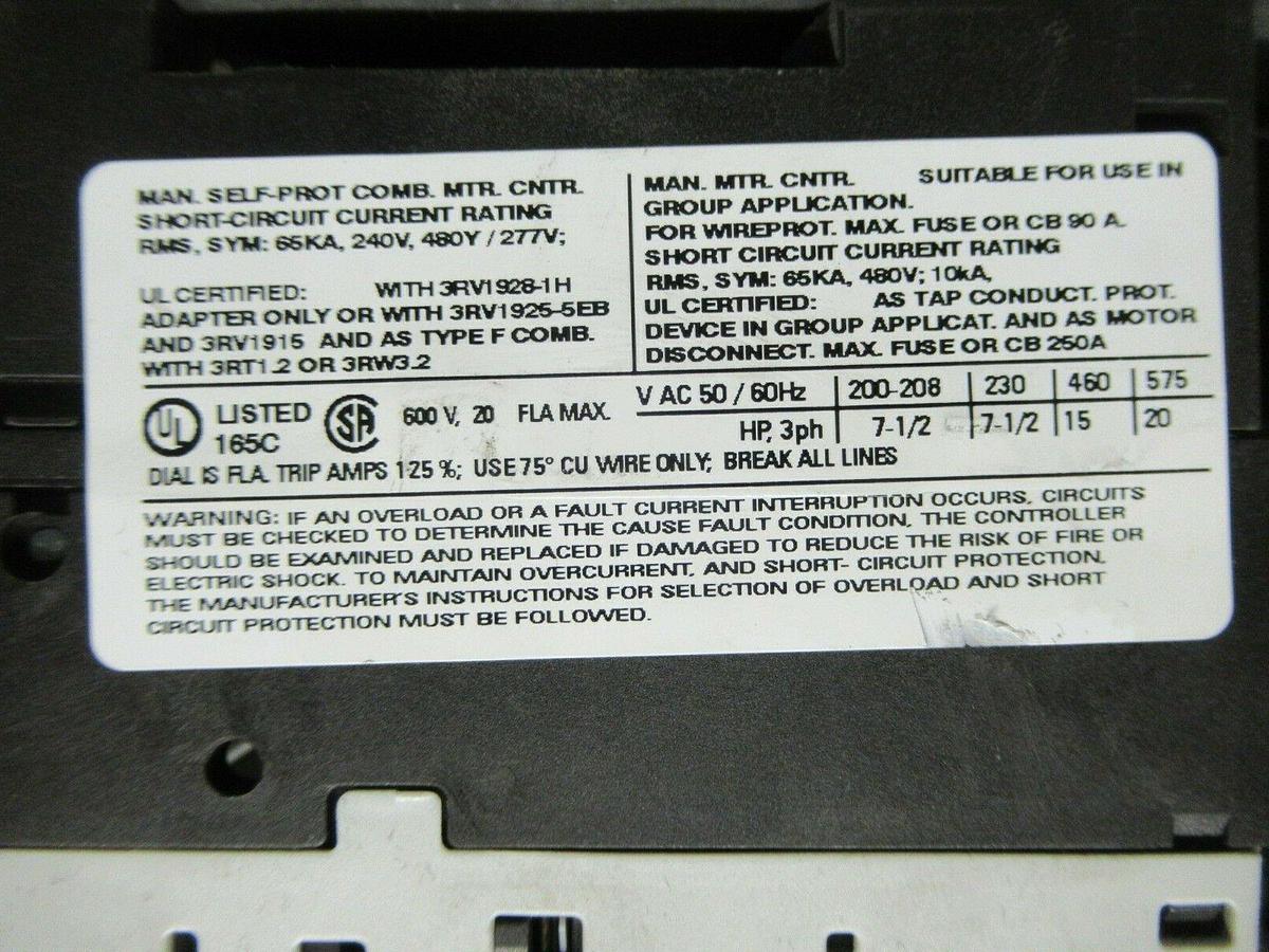Used SIEMENS MANUAL MOTOR START 3RV1021-4BA10 600 VAC 20 AMP 20 HP
