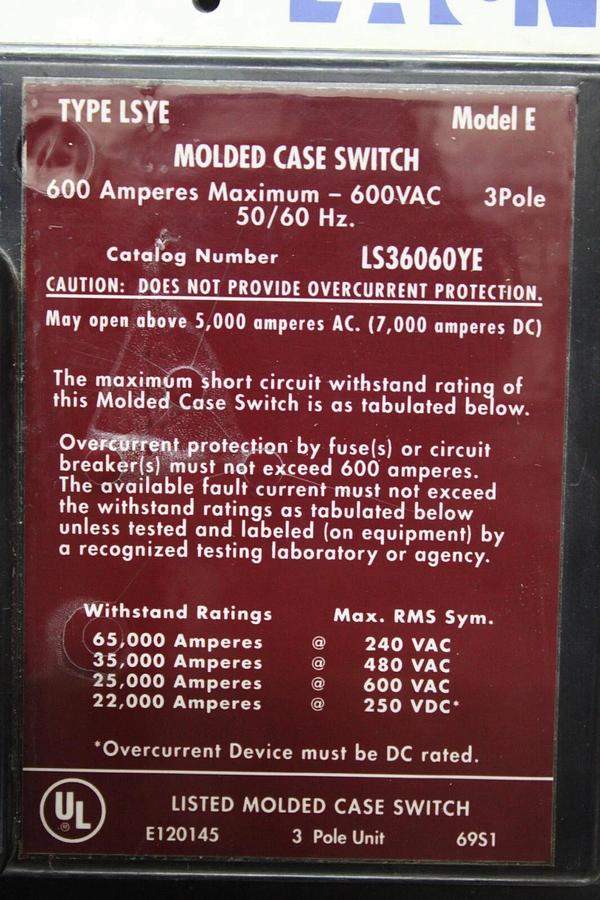 Used EATON MOLDED CASE SWITCH LS36060YE 600 AMP 600 VAC 3-POLE **WARRANTY**