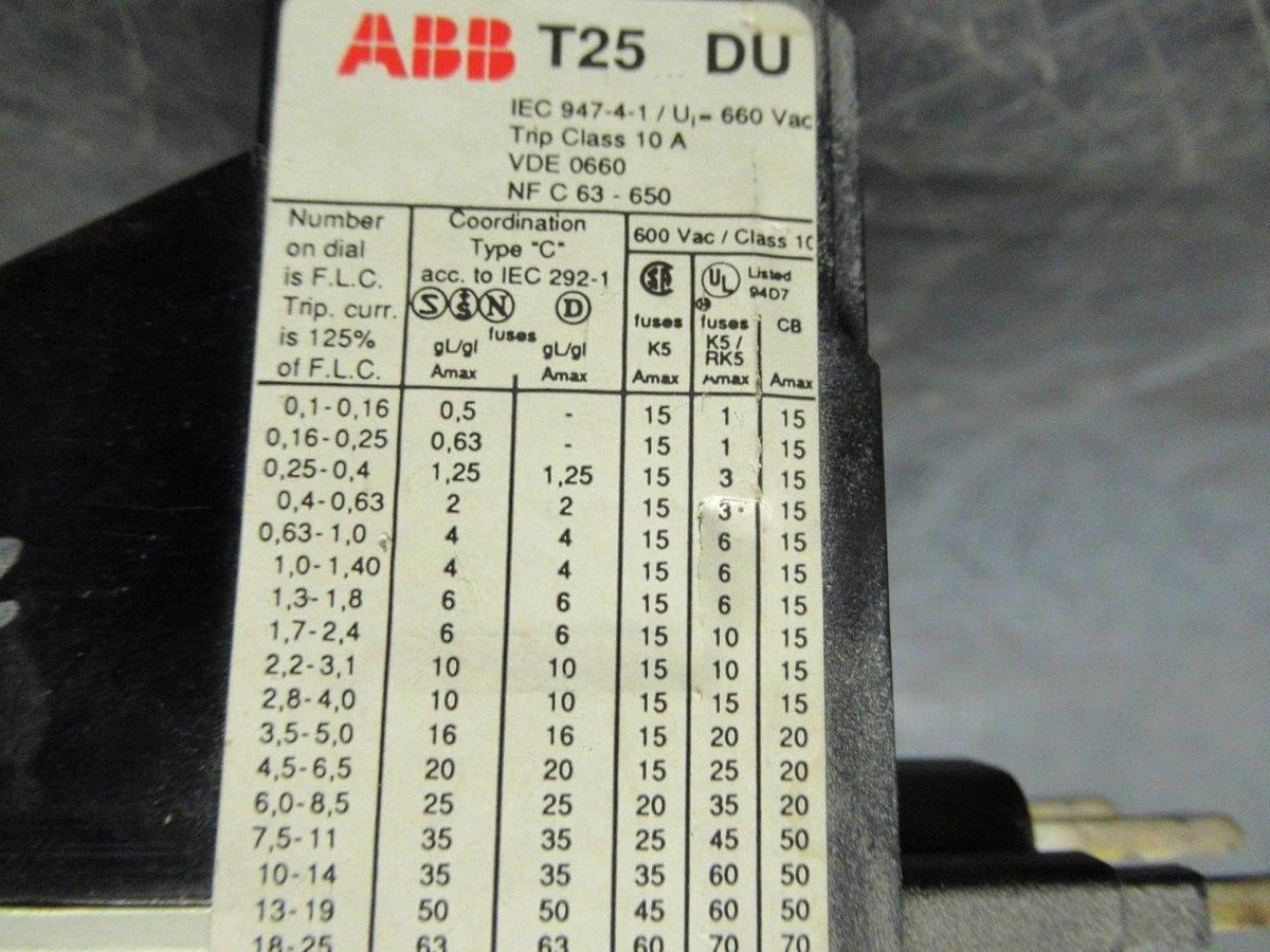 Used ABB OVERLOAD RELAY T25-DU 600V 10A **WARRANTY INCLUDED**