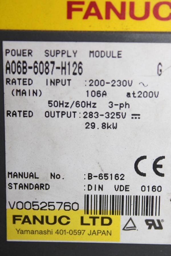 Used FANUC POWER SUPPLY MODULE A06B-6087-H126 230 VAC 29.8 kW 106 AMP 325 VDC