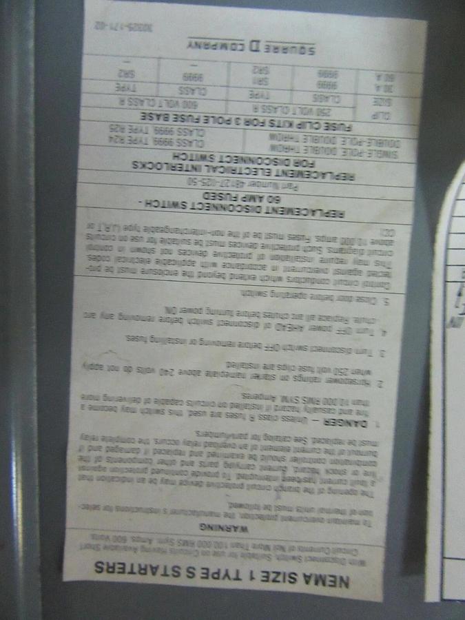 Used SQUARE D MCC FUSIBLE STARTER BUCKET 8998-NE-403 SER. B 12" MODEL: 4 NEMA 1