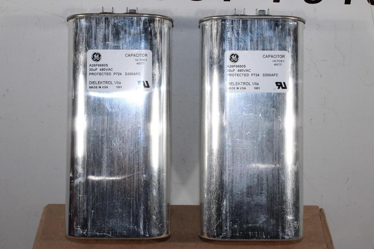 Used LOT OF 2 GE NON-PCB CAPACITOR A26F6660S 30 uF 480 VAC DIELEKTROL VII