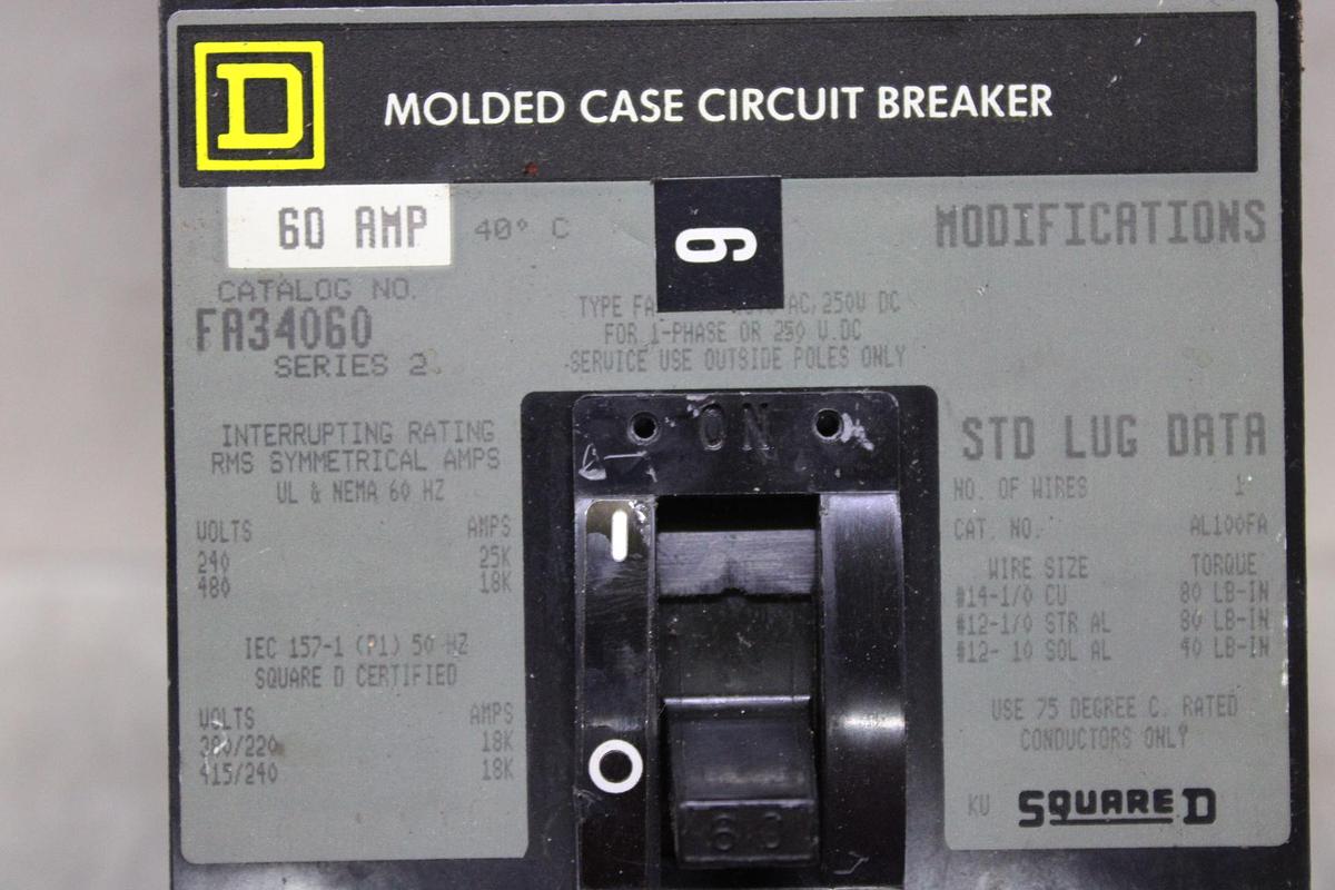 Used SQUARE D I-LINE CIRCUIT BREAKER FA34060 SERIES 2 60 AMP 480 VAC 3-POLE
