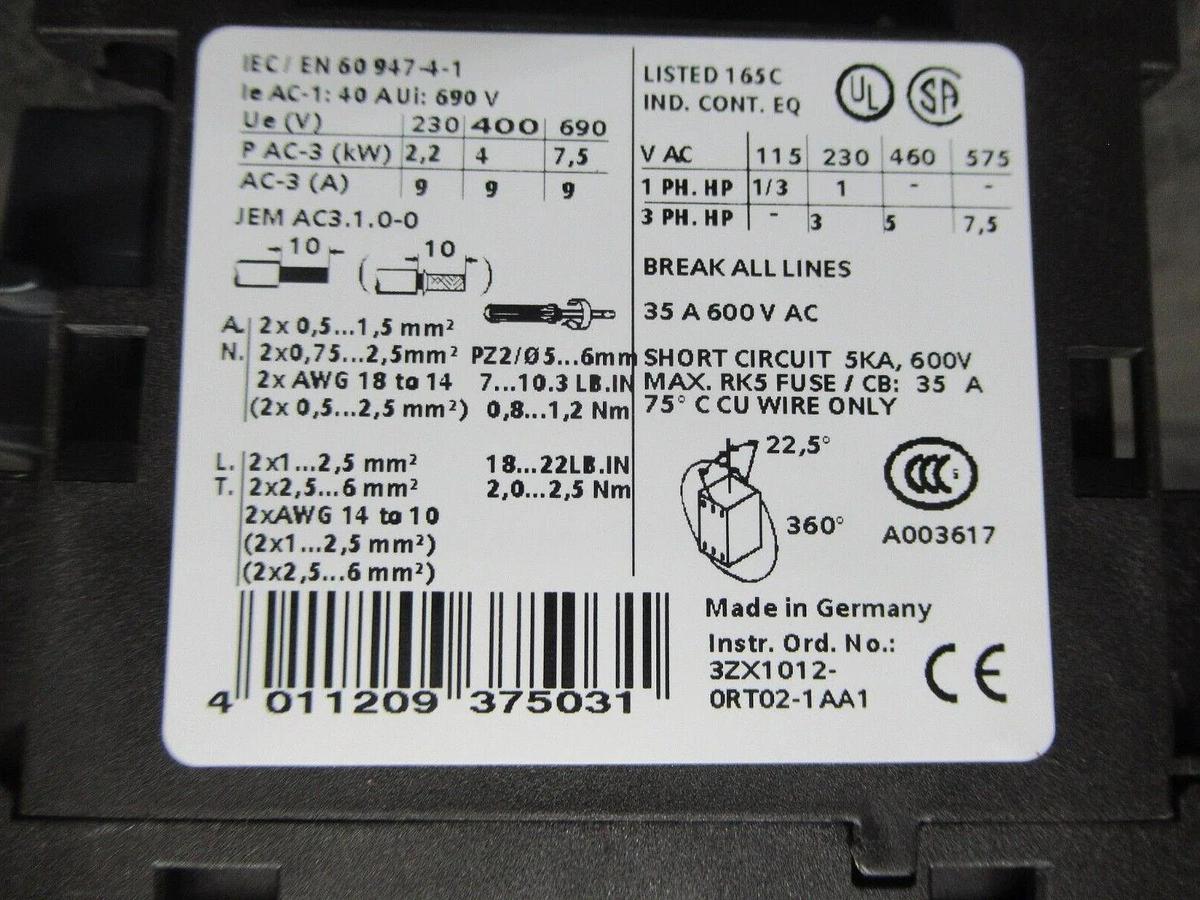 Used SIEMENS CONTACTOR 3RT1023-1A 35 AMP 600 VAC 7.5 HP 3-PHASE COIL: 110/120