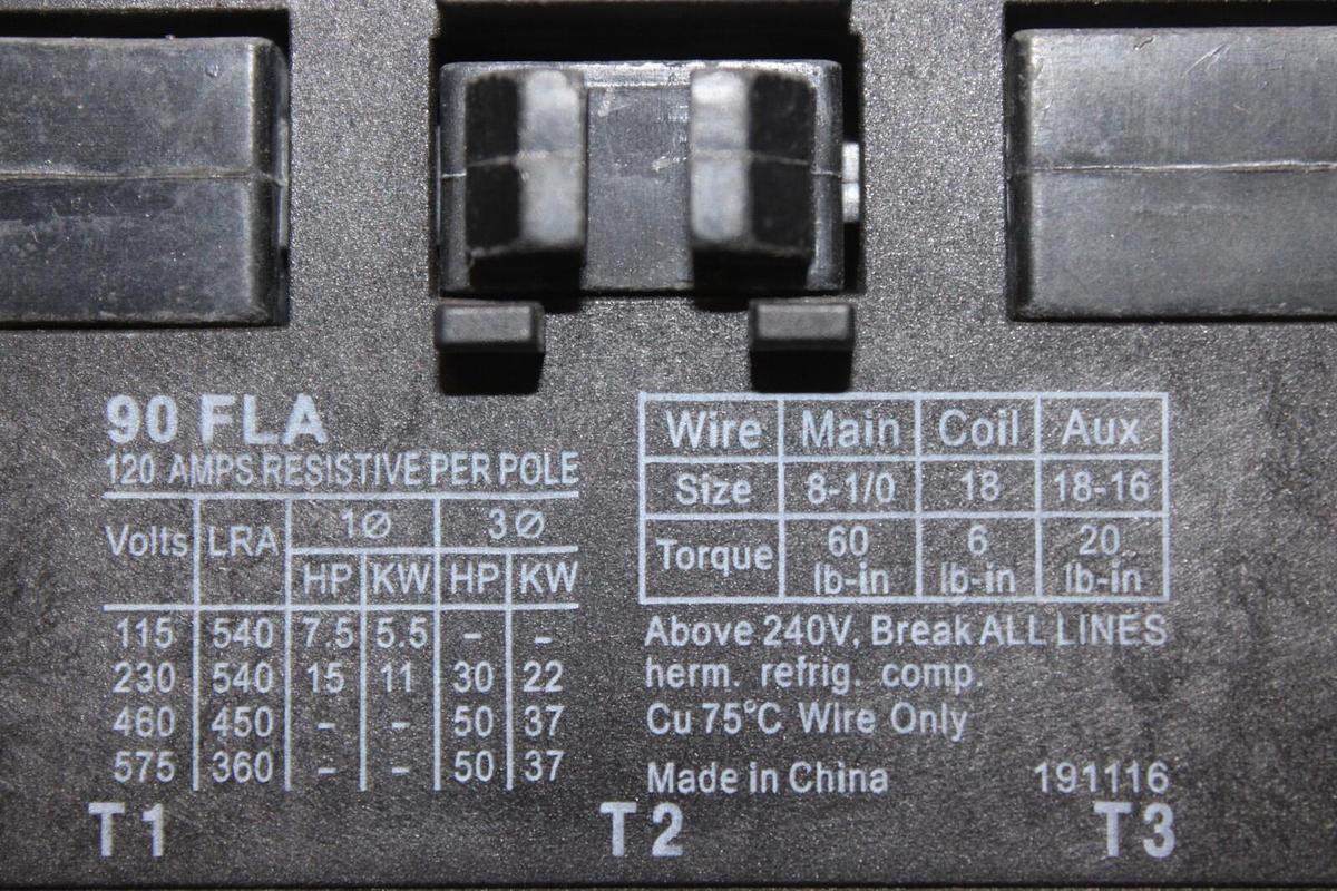 Used COPELAND CONTACTOR 012-3090-05 90 AMP 600 VOLT 3-PHASE 3-POLE COIL: 110/120 VAC
