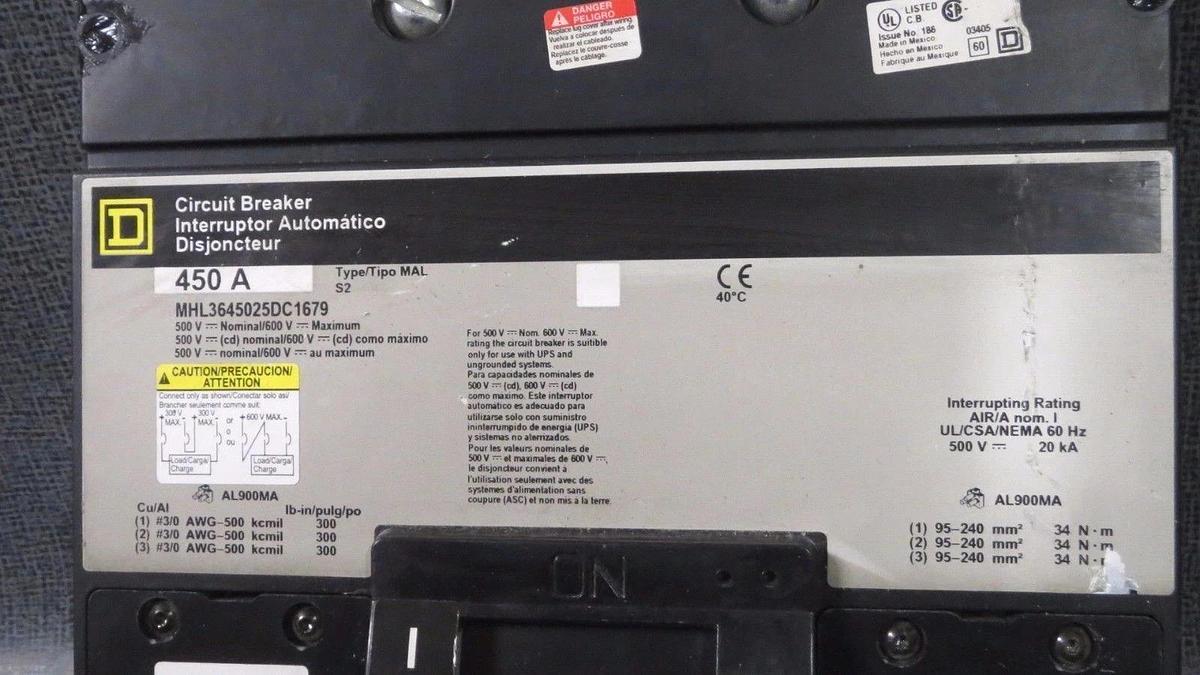 Used SQUARE D CIRCUIT BREAKER 450 AMP 600 V WITH UNDERVOLTAGE TRIP # MHL3645025DC1679