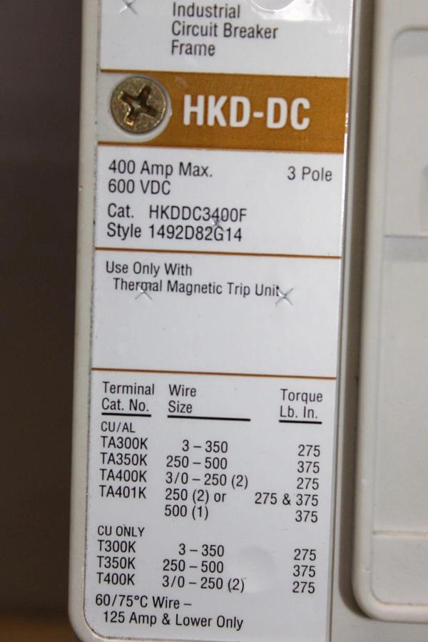 Used CUTLER HAMMER DC BREAKER HKDDC3400F 300 AMP 600 VDC W/ SHUNT TRIP **WARRANTY**