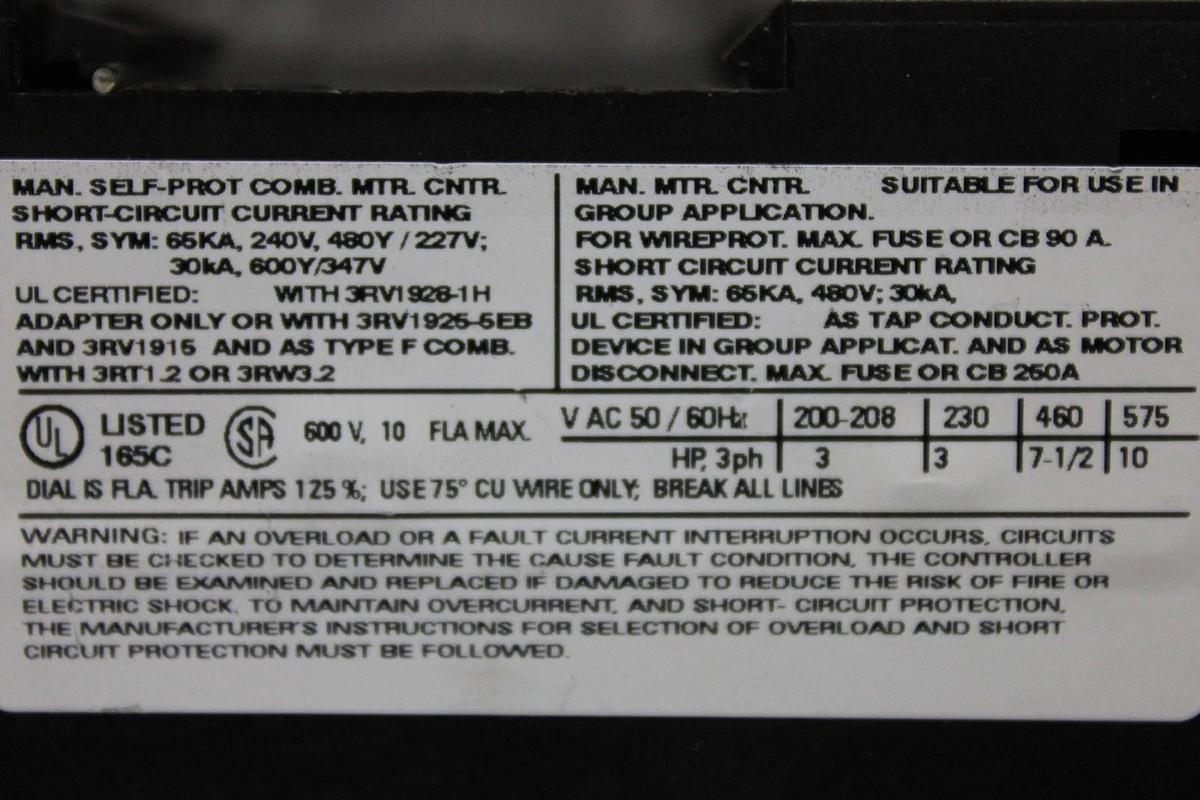 Used SIEMENS MANUAL MOTOR STARTER 3RV1021-1JA10 600 VOLT 7-10 AMP 10 HP *WARRANTY*
