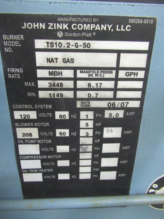 Used GORDON-PIATT NATURAL GAS BURNER TS10.2-G-50 3448 MBH 208 VOLT 14 AMP AR710049