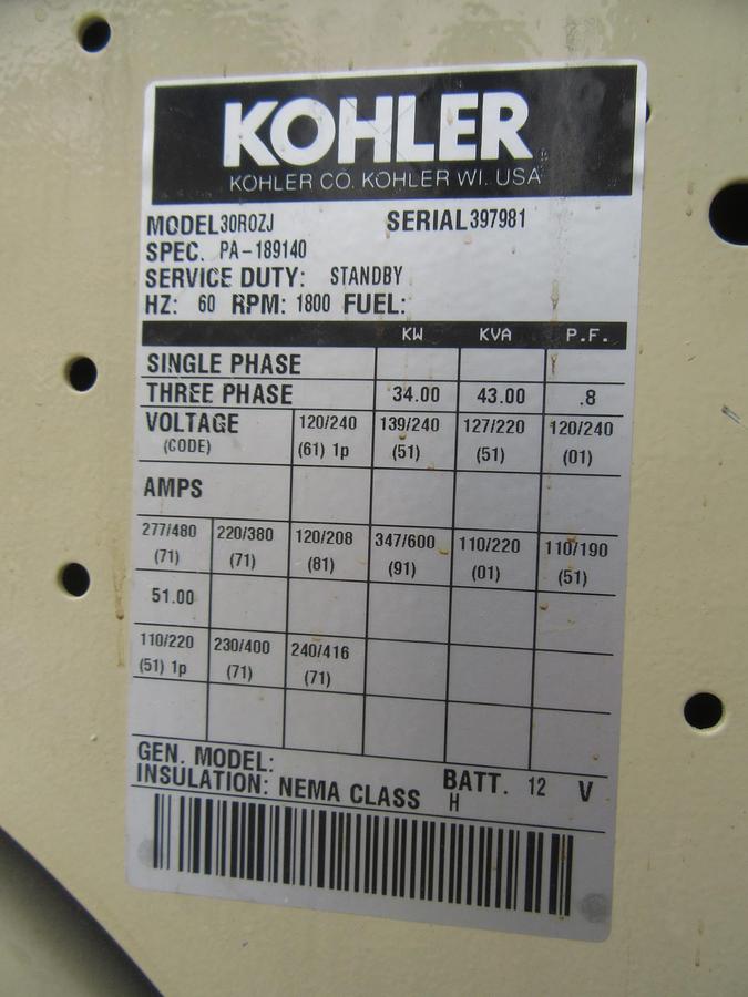 Used 30KW DIESEL GENERATOR  KOHLER 120/240 V JOHN DEERE  12-LEAD RECONNECTABLE 33 KW