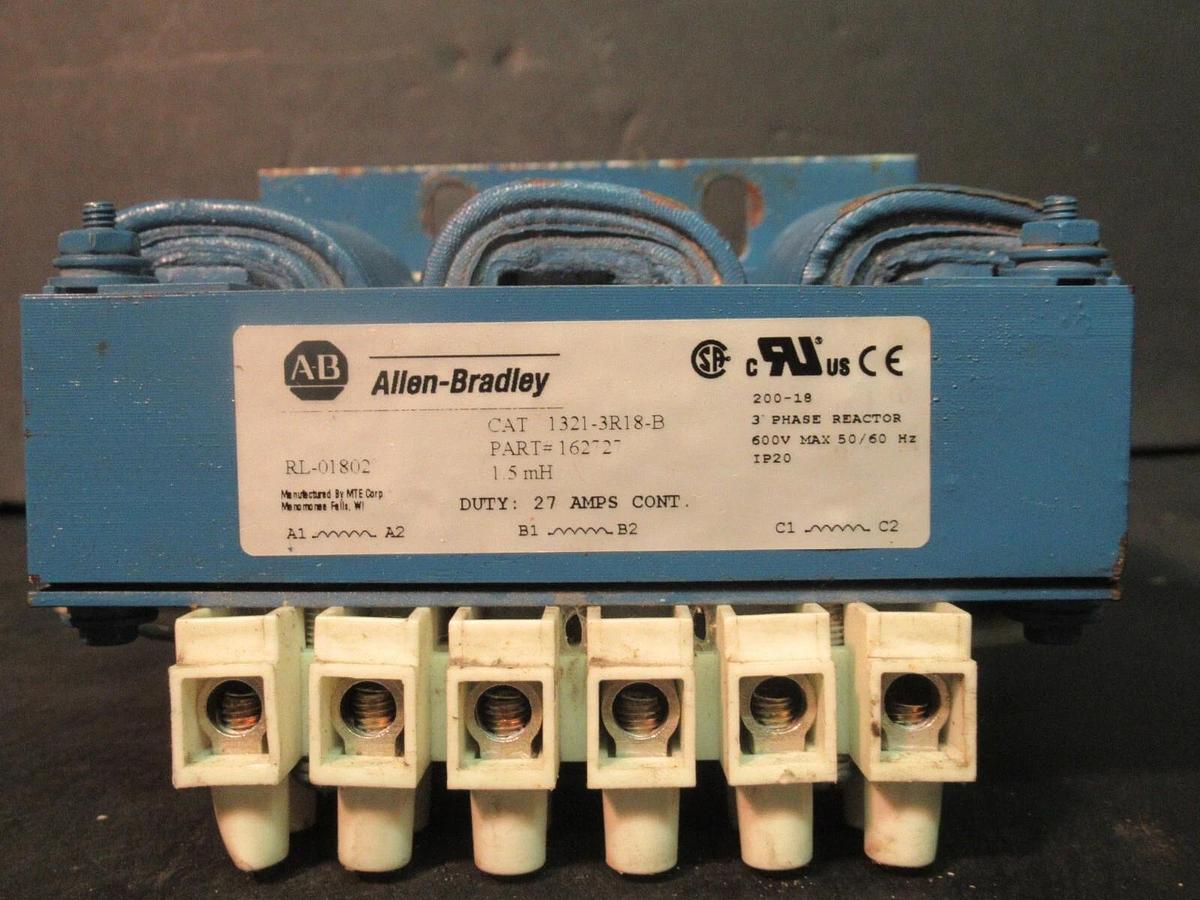 Used ALLEN BRADLEY 3 PH REACTOR CAT# 1321-3R18-B P/N: 162727 1.5 mH 27 AMP 600 V MAX