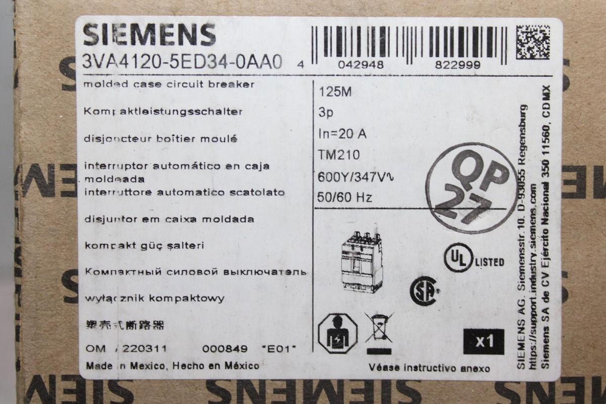 NIB SIEMENS CIRCUIT BREAKER 3VA4120-5ED34-0AA0 20 AMP 600 VOLT 3-POLE 125M FRAME