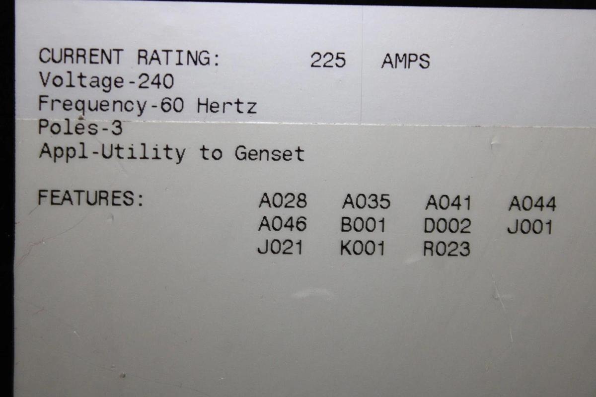 Used CUMMINS ONAN AUTOMATIC TRANSFER SWITCH OT-225 225 AMP 240 VAC 3-POLE 1-PHASE