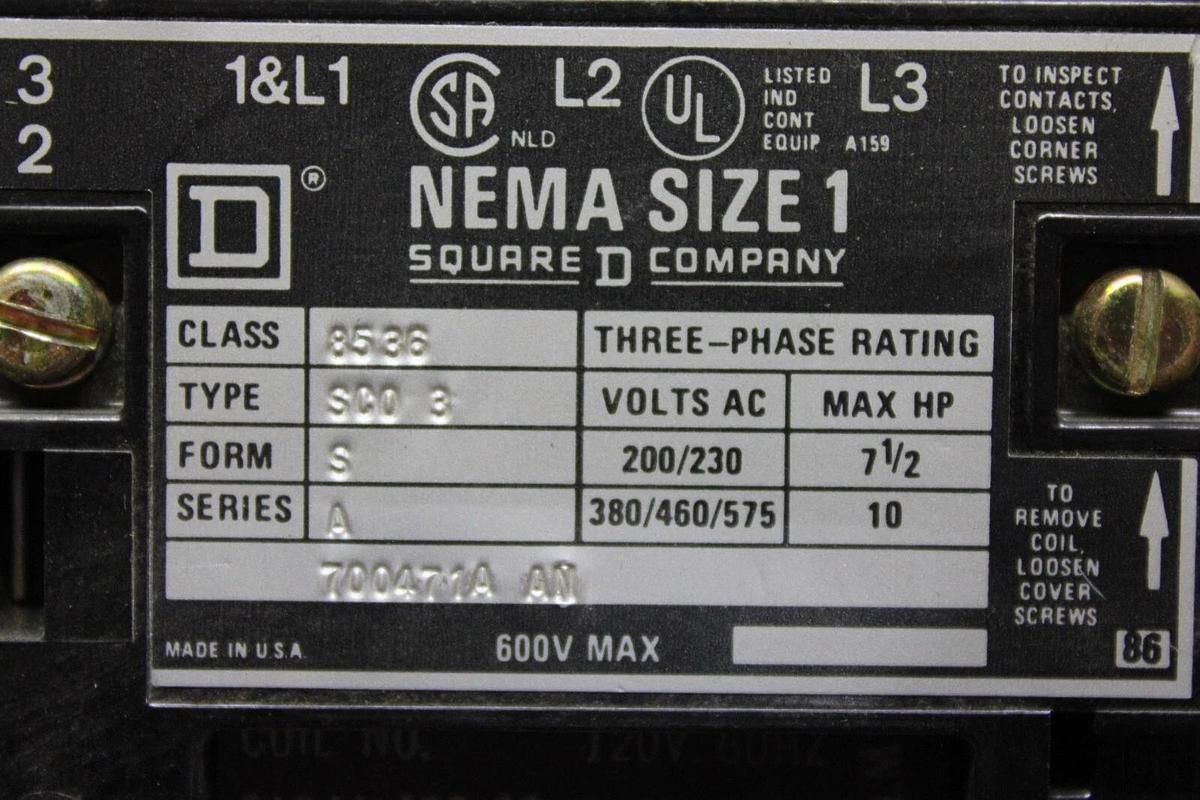 Used SQUARE D NEMA STARTER 8536-SCO3 NEMA 1 600 VAC 3-PHASE 10 HP **WARRANTY**