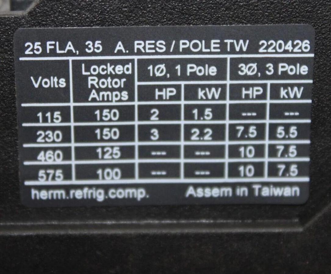 Used EATON CONTACTOR C25DND325 25 AMP 600 VAC 3-POLE 3-PHASE 10 HP 7.5 KW COIL: 120V