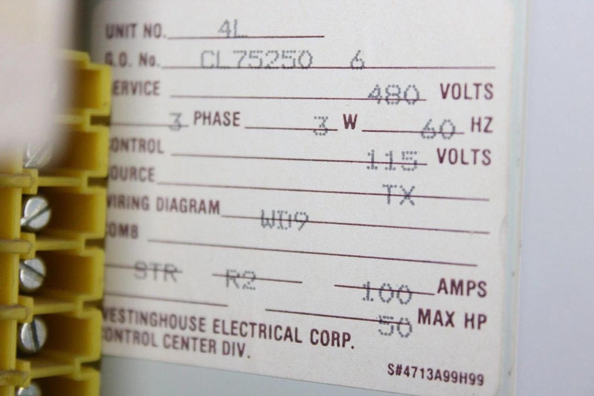 Used CUTLER HAMMER MCC STARTER BUCKET 2100 FREEDOM 24" CL75250-6 100 AMP SIZE 3