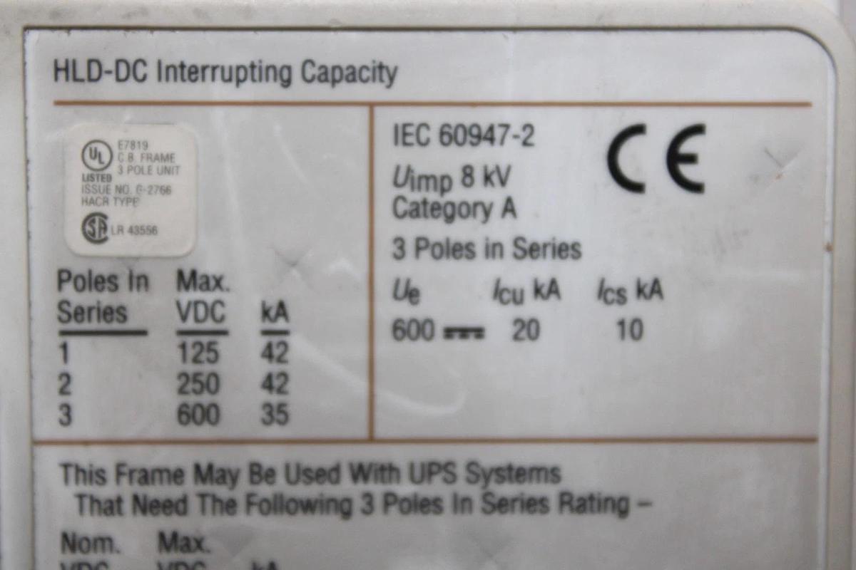 Used CUTLER-HAMMER DC CIRCUIT BREAKER HLDDC3600F 600 AMP 600 VDC W/ PLUG