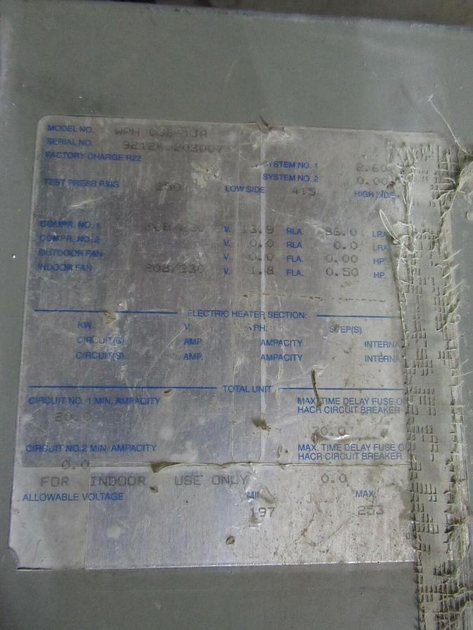 Used 3 TON MARS INDOOR TEMPORARY WATER-TO-AIR PACKAGED HEAT PUMP 1060 CFM WPH 036-1JA