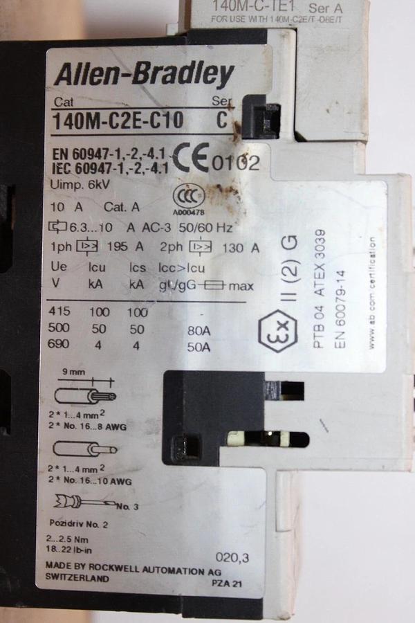 Used ALLEN BRADLEY MANUAL MOTOR STARTER 140M-2CE-C10 10 AMP 600 VAC