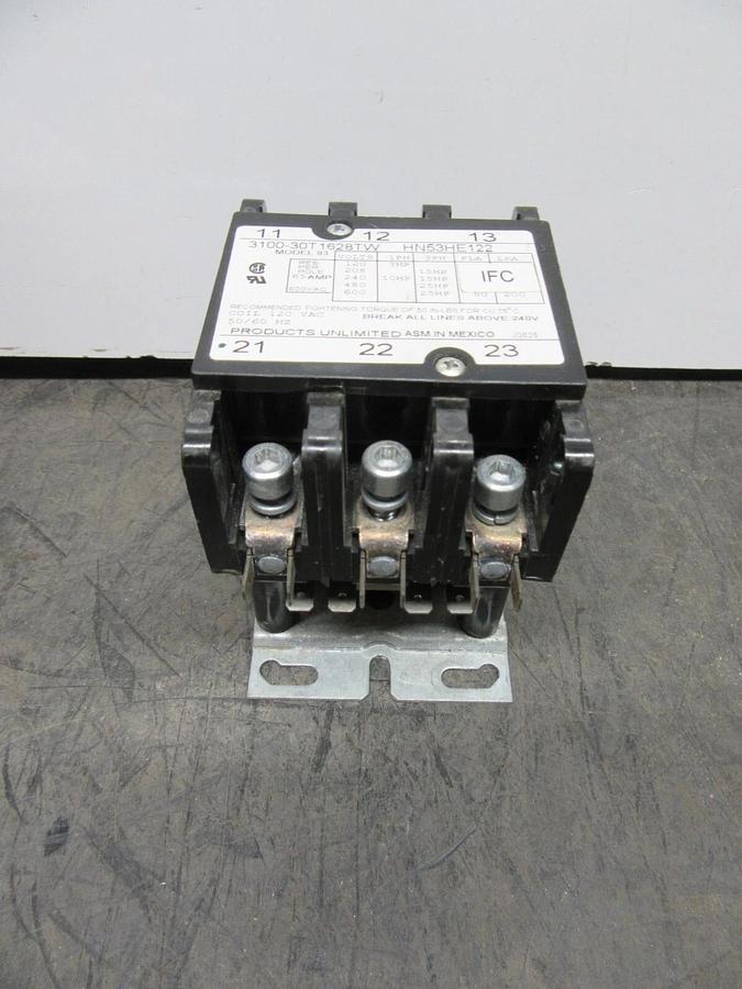 Used PRODUCTS UNLIMITED CONTACTOR 3100-30T1628TW HN53HE122 600 VAC 50 AMP COIL: 120 V