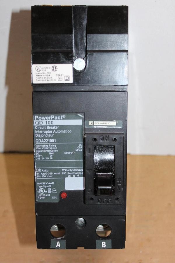 Used SQUARE D POWERPACT BREAKER QDA221001 100 AMP 240 VAC 2-POLE