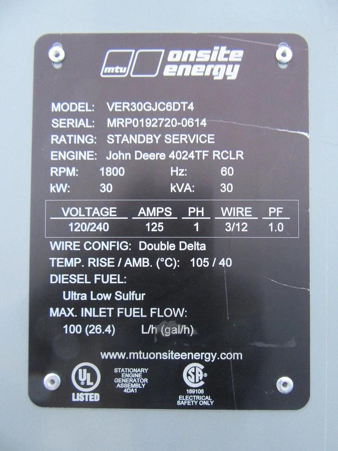 Used 30KW DIESEL GENERATOR MTU 120/240 VOLT 4024 JOHN DEERE 391 HRS SINGLE PH VIDEO