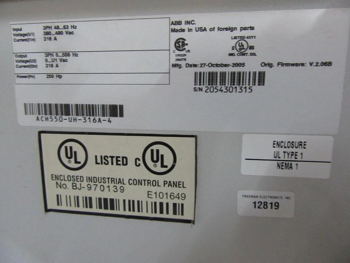 Used ABB VARIABLE SPEED DRIVE ACH550-UH-316A-4 3-PHASE 480 VAC 316 AMP