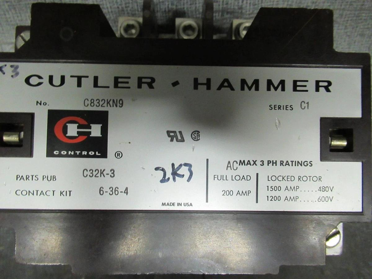 Used CUTLER-HAMMER CONTACTOR C832KN9 200A 600V 3-PHASE 3-POLE COIL: 120V