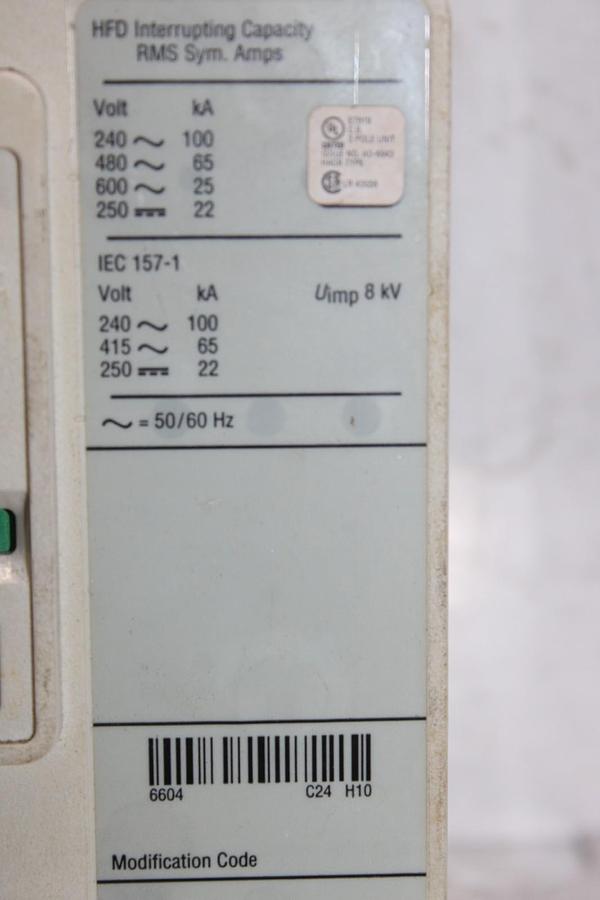 Used CUTLER-HAMMER CIRCUIT BREAKER HFD3015L 15 AMP 600 VAC 3-POLE