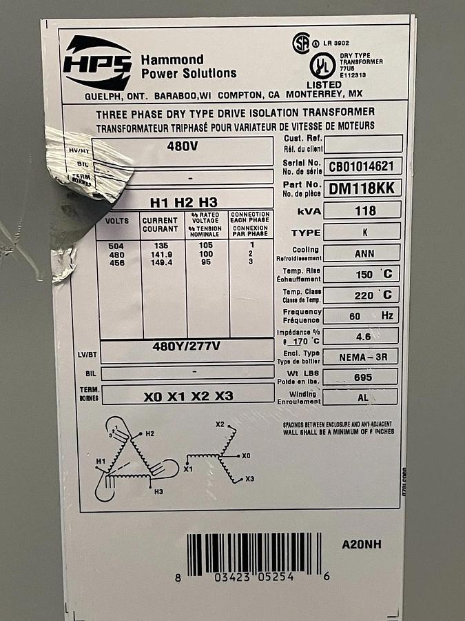 Used 118 KVA HAMMOND TRANSFORMER DM118KK NEMA 3R 480V HIGH 480Y/277V LOW 3-PHASE