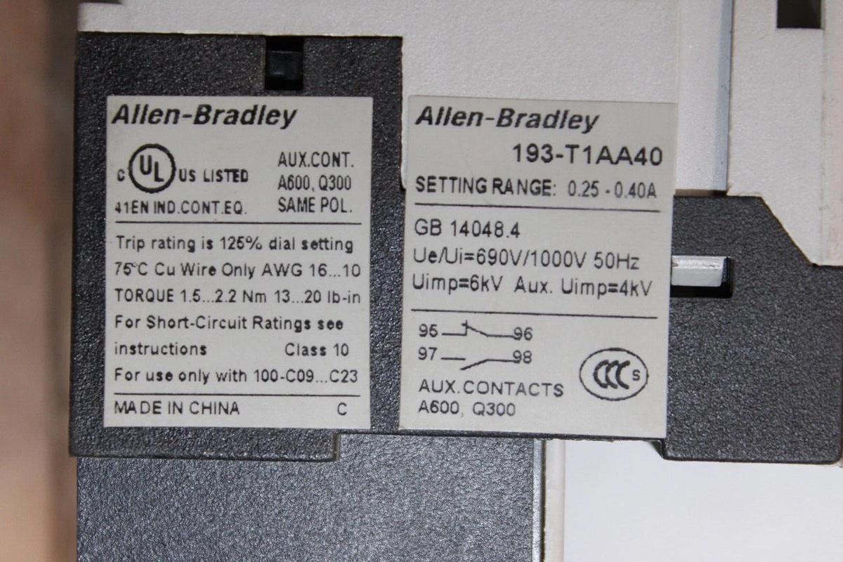 Used ALLEN BRADLEY STARTER 100-C09*400 SER. A 600 VAC 25 AMP 7.5 HP W/ 193-T1AA40