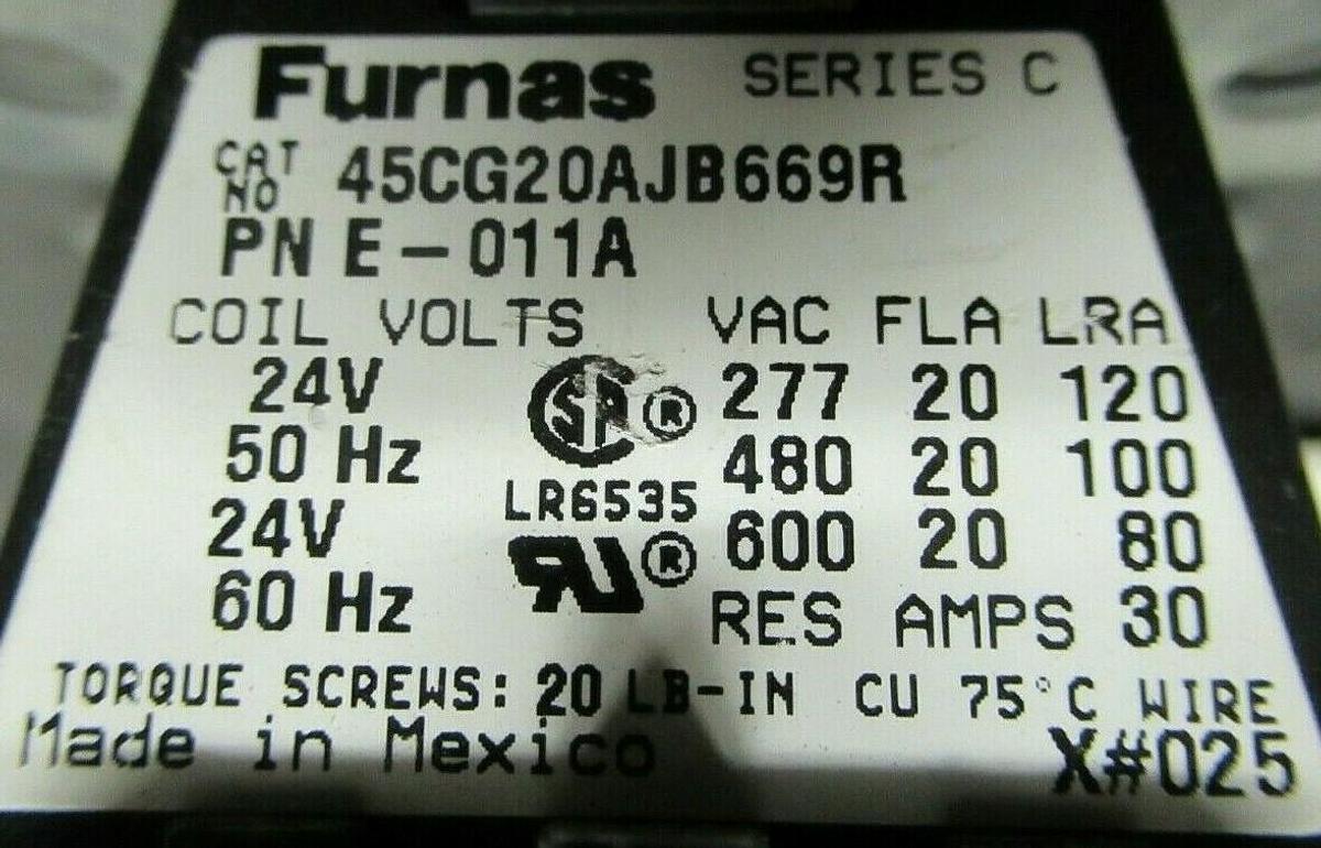 Used FURNAS CONTACTOR 42CG20AJB669R 20 AMP 600 VAC 30 AMP/RES 24 VOLT COIL