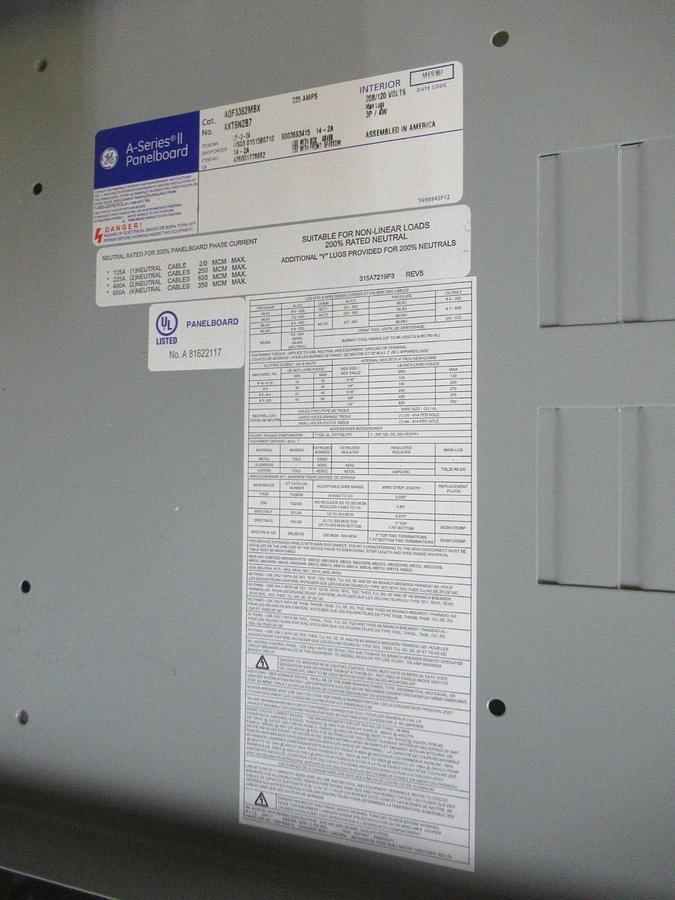 Used GENERAL ELECTRIC A-SERIES II PANELBOARD AQF3362MBX 225 AMP 36-SLOT 208/120 VOLT