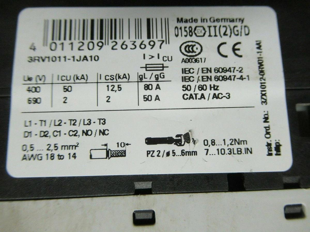 Used SIEMENS MANUAL MOTOR START 3RV1021-1KA10 600 VAC 12 AMP 10 HP