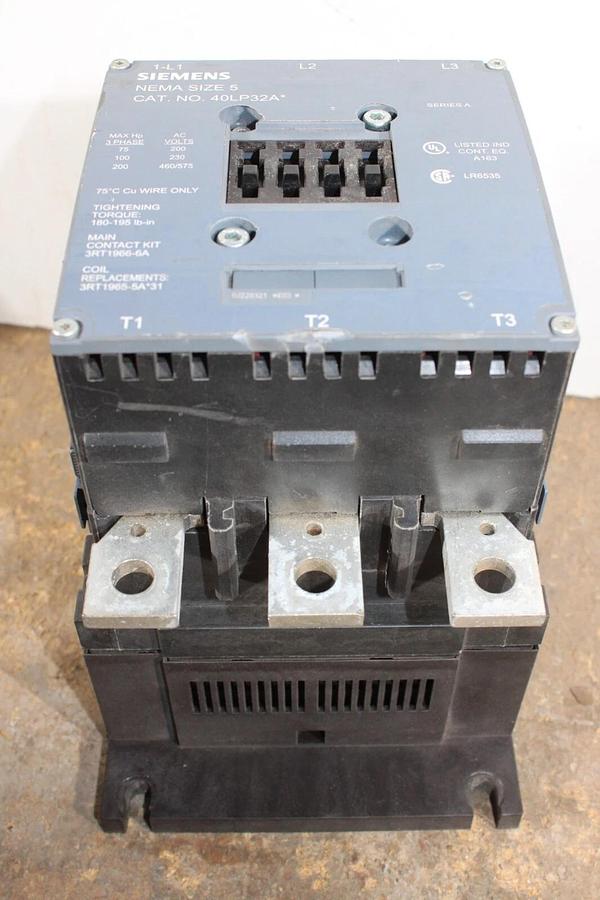 Used SIEMENS CONTACTOR 40LP32A 600 VAC NEMA SIZE 5 200 HP 3-PHASE 270 AMP COIL: 120V