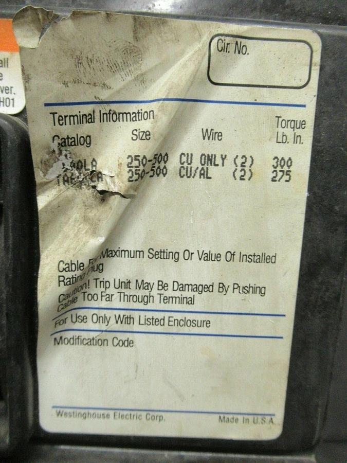 Used WESTINGHOUSE CIRCUIT BREAKER LC3600F 600 AMP 600 VAC 3-POLE **WARRANTY**