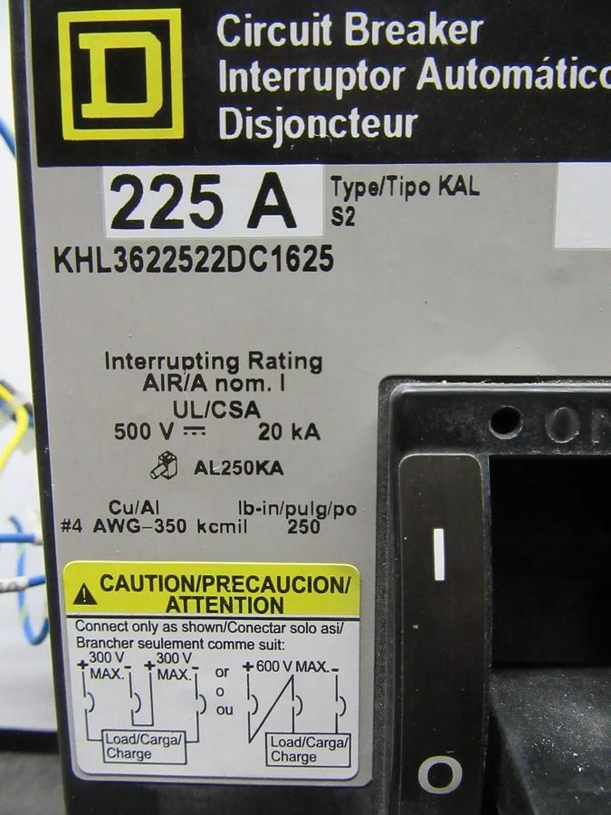 Used SQUARE D DC CIRCUIT BREAKER KHL3622522DC1625 225 AMP 600 VDC 3-POL W/ AUX AND UV