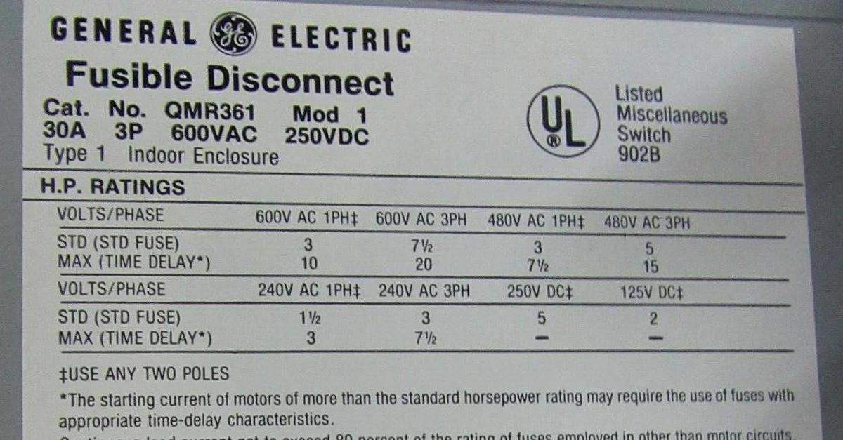 Used GE TWIN QMR PANELBOARD FUSIBLE DISCONNECT QMR361 30 AMP 600 VAC 20 HP