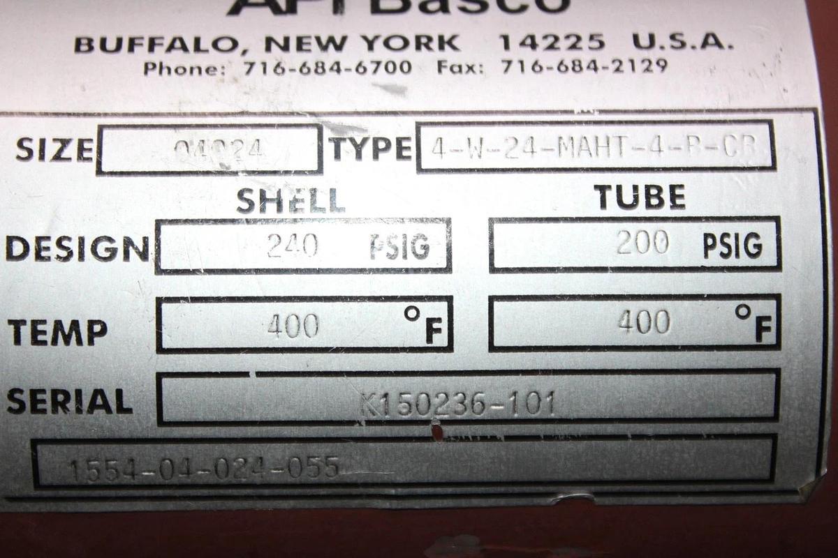 Used API BASCO HEAT EXCHANGER 4-W-24-MAHT-4-P-CP 04024 240 PSIG 400°F 2' X 6"