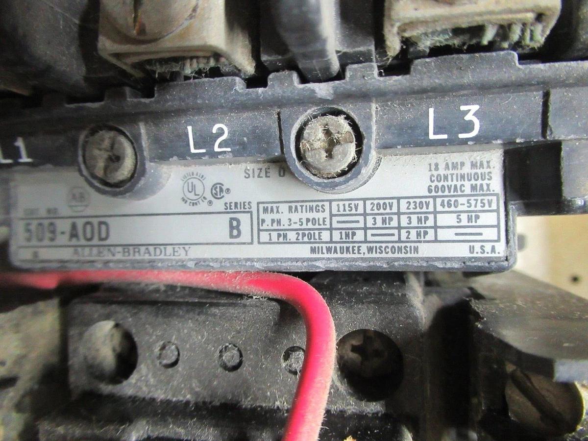 Used ALLEN BRADLEY MOTOR CONTROL BUCKET 12" NEMA SIZE 0 STARTER 509-A0D 600 V 18 AMP