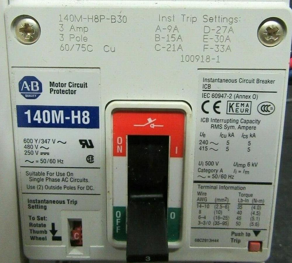 Used 3 AMP ALLEN BRADLEY BREAKER 140M-H8P-B30 3 POLE 480 VAC **WARRANTY INCLUDED!**