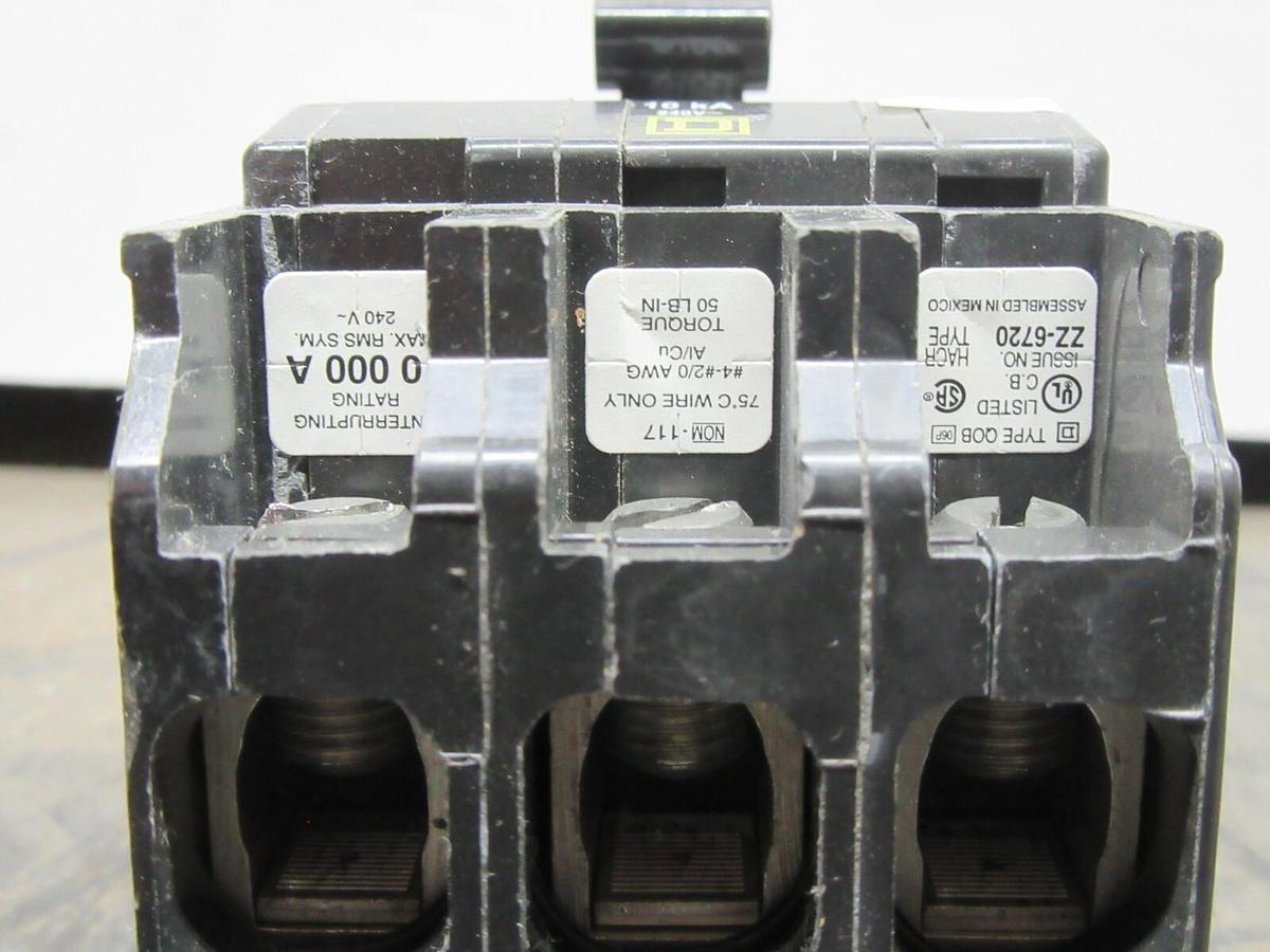 Used SQUARE D BOLT-ON HACR CIRCUIT BREAKER QOB100 100 AMP 240 VAC 3-POLE