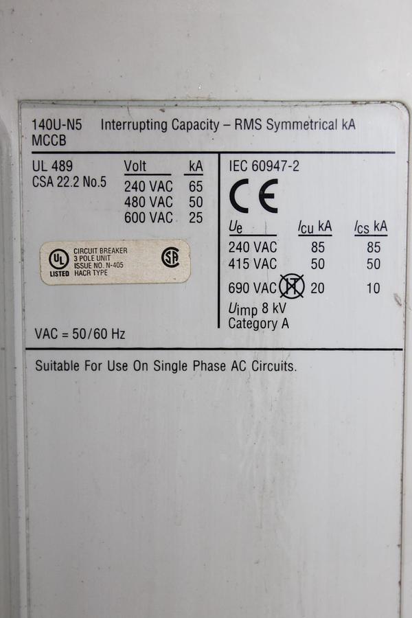Used ABB CIRCUIT BREAKER SACE S3 S3H 225 AMP 480 VAC 3-POLE W/ AUX SWITCH