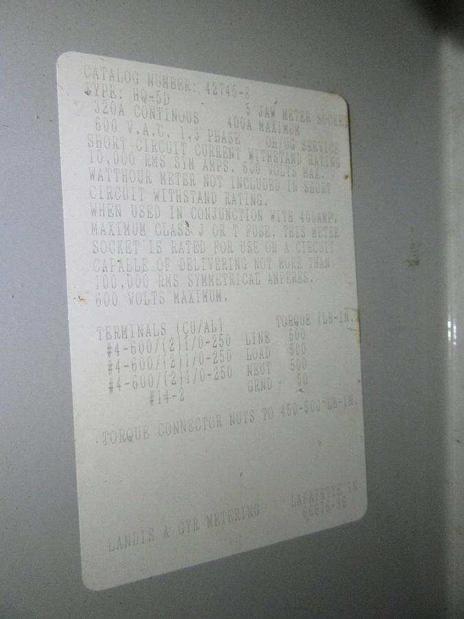 Used LANDIS & GYR 320 / 400 AMP 5 JAW METER SOCKET CAT# 42745-8 TYPE: HQ-5D 1 OR 3 PH