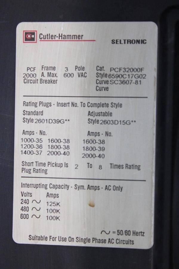Used WESTINGHOUSE CIRCUIT BREAKER PCF32000F 1400 AMP TRIP 3-POLE 600 VAC