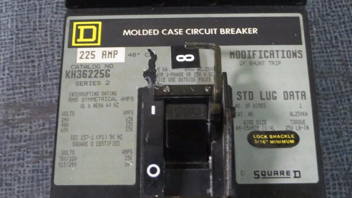 Used SQUARE D I-LINE BREAKER KH36225G 225 AMP 600 V 3 POLE W/ GROUND FAULT SHUNT