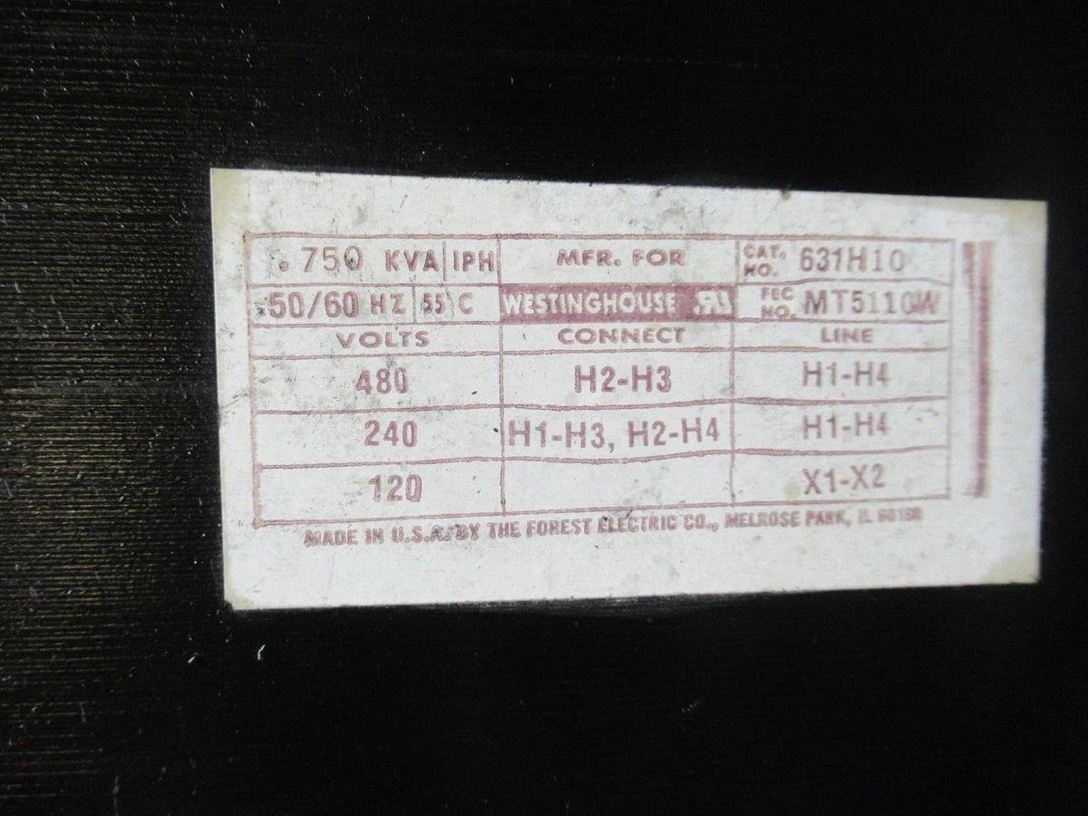 Used WESTINGHOUSE TRANSFORMER 631H10 480 VOLT CONNECT 120 VAC LINE 0.75 KVA MT5110W