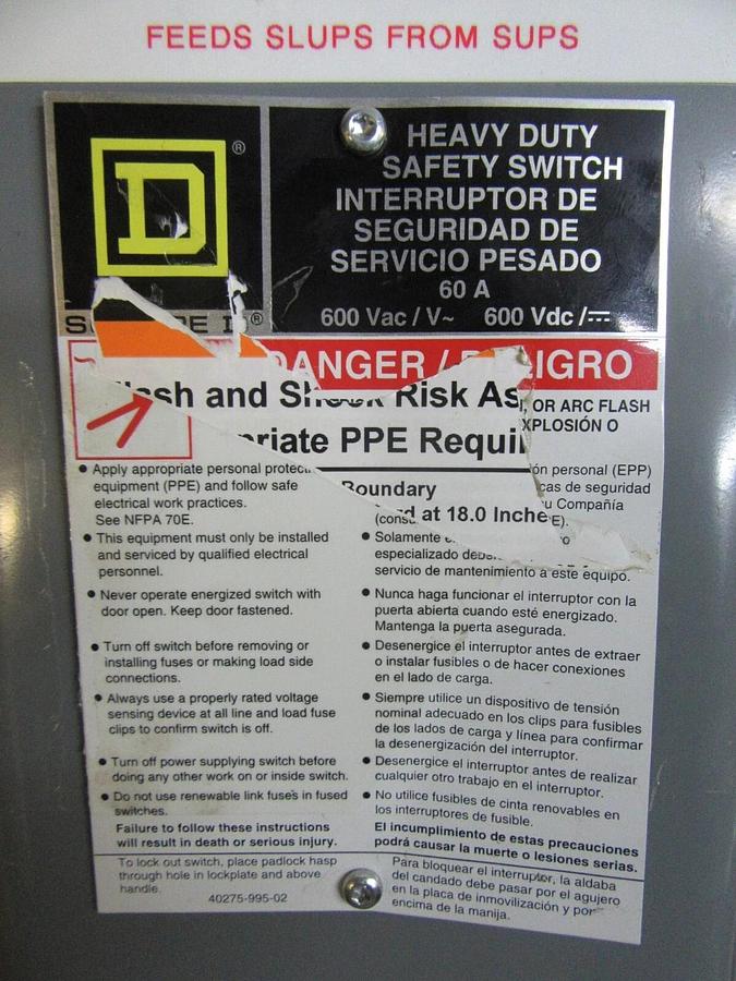 Used SQUARE D HEAVY DUTY SAFETY SWITCH H362 600 VOLT 60 AMP TYPE 1 ENCLOSURE
