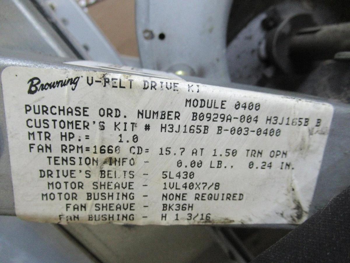 Used BROWNING FAN V-BELT DRIVE MODULE 0400 1660 RPM 1 HP H3J165B SQUIRREL CAGE