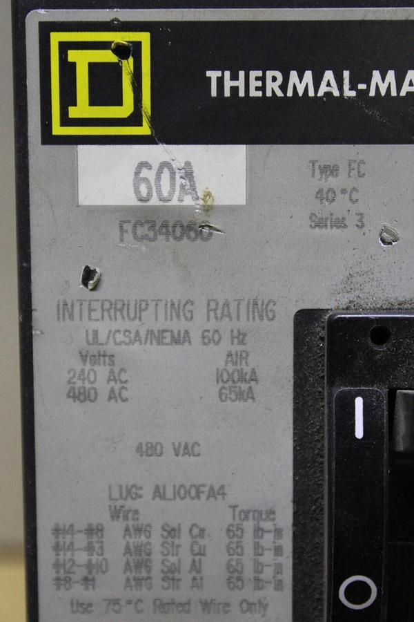 Used SQUARE D I-LINE CIRCUIT BREAKER FC34060 60 AMP 480 VAC 3-POLE **WARRANTY**